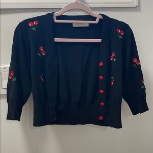 1950s Inspired Black Cardigan with Red Cherries